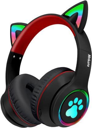 Headphones Cat Ear Wireless Bluetooth 5.3 60H Over Ear, 8H with Led Light Foldable Music Gaming Headset with Aux 3.5mm Mic for Game TV Pad Tablet Laptop Cellphone Black