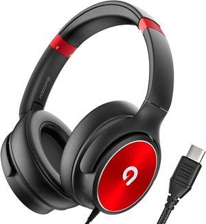 USB C Kids Headphones with Mic, Foldable Childrens Headphones, 93dB Volume Limited, Comfortable Ear Pads, for Tablets, Phones, Laptops - Black & Red, Ages 3+