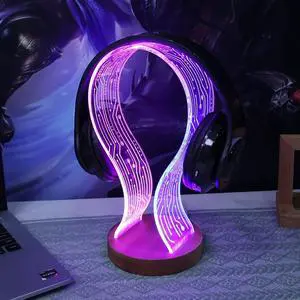 YuanDian Headphone Stand, Wood Headset Holder with Blue Pink LED Night Light for Gamers, Men, and Music Lovers - Ideal Desk Gift Idea