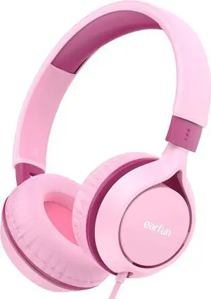 EarFun S1 Kids Headphones, Foldable Wired Headphones for Kids, 85dB Volume Limit, Stereo Sound, Adjustable Headband, Portable Lightweight On-Ear Headphones for School/Travel/Boys/Girls/PC, Pink