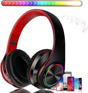 Bluetooth Wireless Over Ear Headphones, HiFi Stereo Sound Foldable Headphones,Colorful LED Lights Headphones with Built-in Mic,Wired for School/Tablet Computer/PC/TV/Cellphones/Travel (Black Red)