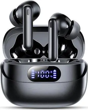 Wireless Earbuds, 42H Playtime Bluetooth 5.3 Headphones, HiFi Stereo Call Noise Cancelling Earbuds, IPX7 Waterproof Stereo in-Ear Earphones with LED Display for iOS Android Cell Phone (Black)
