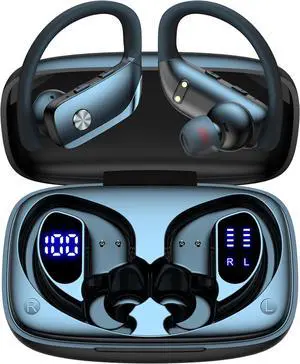 bmani Ear Buds Wireless Earbuds Bluetooth Headphones with 80H Playtime LED Display Case, Over-Ear Hook with Mic, Stereo Sound, Easy Button Controls, Sports Earphones for Running Workout Gym Black