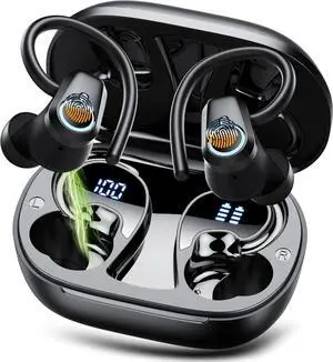 Wireless Earbuds, Bluetooth 5.3 Headphones Sport, Ear buds Wireless Earbuds Bluetooth, 50H Playtime Dual LED Display, Deep Bass Stereo Noise Cancelling Headphones, IP7 Waterproof Earphones, Jet Black