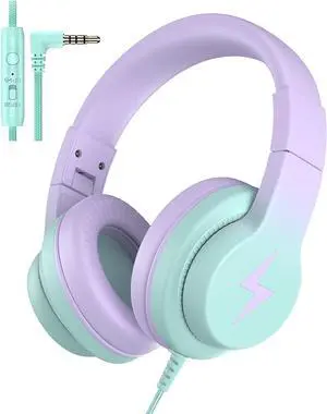 Kids Headphones, Wired Headphones for Kids Over Ear with Microphone, 85/94dB Volume Limiter Headphones for Girls Boys, Foldable Headphones for Learning & Entertainment,Gradient Purple