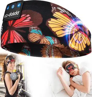 LC-dolida Sleep Headphones Headband Bluetooth 5.4, Sports Headband Earphones Wireless with Speaker Microphone USB C for Women Sleeping Gift Workout Jogging Yoga Insomnia Travel Meditation, Butterfly