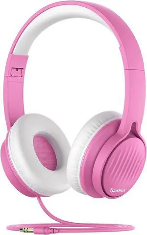 TuneFlux Upgraded Kids Headphones, Wired Toddler Headphones, 85dB Limited Volume On Ear Headphones, Portable Foldable Design, Stereo Sound Kids Headphones for School/Tablet/Travel-Pink