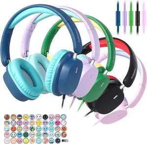 Kids Headphones with Microphone for School Bulk Set 5-Pack On-Ear, 3.5mm, Wired Headphones for Schools & Libraries  Adjustable, Cushioned Headphones (Mixed Colors)