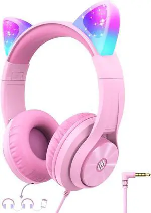 iClever Kids Headphones with Cat Ear Led Light Up, Safe Volume Limite Kids Wired Headphones with FunShare Foldable Over-Ear Headphones for Kids/School/iPad/Tablet/Travel, Meow Donut-Pink