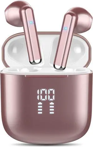 Wireless Earbuds, Bluetooth 5.3 Headphones with 4-Mics Clear Call and ENC Noise Cancelling, Bluetooth Earbuds Touch Control Stereo Sound with LED Display, Waterproof Running Headphones (Rose Gold)