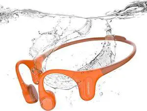 Run Plus Bone Conduction Headphones, IP68 Waterproof Open Ear Wireless Bluetooth Sports Headphones with 32GB MP3 for Running, Swimming, Cycling and Gym Workouts, Orange