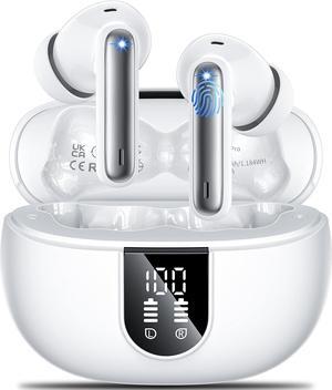 Wireless Earbuds Headphones Bluetooth 5.3 with 4 ENC Noise Cancelling Mics,Hi-Fi Stereo in Ear Ear Buds with LED Screen,IPX6 Waterproof,42h Duration Playback for iPhone and Android white earphones