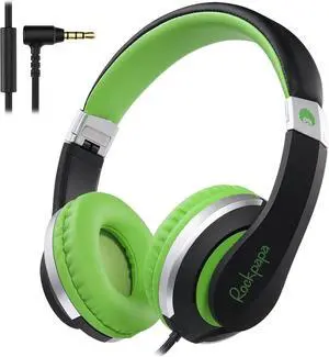 rockpapa HS20 Wired Kids Headphones for School, Foldable Lightweight Boy Girl Headphones with Microphone & 3.5mm Jack for 3-15 Year Old for Airplane Tablet Phones Black Green