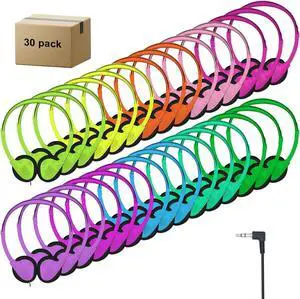 30 Pack Class Set Headphones for Kids Students School Classroom Bulk Earphones Adjustable with 3.5 mm Jack for Library Children Adults(004 Multi Color Headphones)