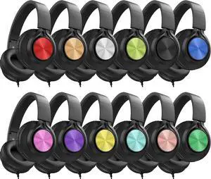 AILIHEN Headphones Wired 12-Pack Bulk for School Students Kids K-12 ClassroomAdjustable, Foldable, Over-Ear Headsets with Microphone HD Stereo Sound 3.5mm Jack for Chromebook, Laptop (Multicolor)