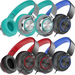 Headphones Wired Bulk for School Kids Teens, Over-Ear for Classroom Chromebook Computer with Microphone, 3.5mm Jack, Foldable (6 Pack Multicolor)