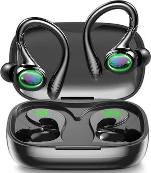 Wireless Earbuds, 60H Playback Bluetooth 5.3 Headphones,Noise Cancelling Wireless Headphones with LED Battery Display, Mics Clear Call, IPX6 Waterproof Bluetooth Earbuds for Workout Sports (BLACK)