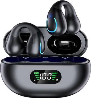 Open Ear Clip Wireless Earbuds Bluetooth 5.3, Sports Earphones Built-in Microphone with Earhooks & Ear Hook, Bone Conduction, Wireless Charging Case & DisplayWaterproof Fitness Headphones for Running