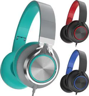 Headphones for School Kids Wired Bulk, Over-Ear Classroom Headsets for Teens Children Chromebook Computer, 3.5mm Jack, Foldable, No-Tangle Cord, Bundle Pack - Mint& Blue& Red (3 Pack)