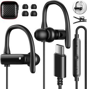 USB C Headphones Over Ear Hooks for iPhone 16 15 Pro Max Plus, Wrap Around Ear Buds with Loops Mic Type C Earphones Running Sport Wired Earbuds for Samsung Galaxy S24 Ultra S23 Fe S22 A35 Pixel 8 7
