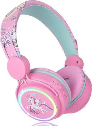 Kids Headphones Unicorn, Color Changing LED Light Wireless Bluetooth Headphones for Kids Girls Boys School, Anime Over-Ear Bluetooth Headphones with Microphone for Tablet/ipad/Travel (Pink)