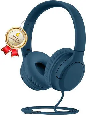 DyBaxa Kids Headphones Wired, Foldable On Ear Headset, Volume Limiter 94dB, Over-Ear Headphones for Kids School Online Classes Travel Children, 3.5mm Jack Compatible Smartphones Tablet, Dark Blue