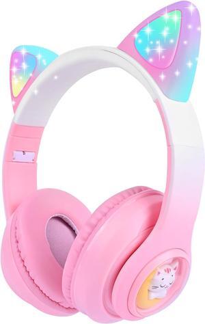 Cat Ear Kids Headphones Wireless, LED Light up Bluetooth Headphones with Microphone for Toddler/Teenagers/Adult (Pink Pro)