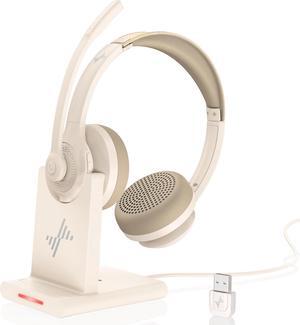 Wireless Headset with AI Noise Cancelling Microphone Bluetooth Headset - Bluetooth V5.2 Headphones with USB Dongle, Charging Base & Mic Mute for Computer/Laptop/PC/iPhone/Android/Cell Phones-White