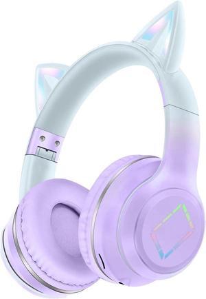 Kids Bluetooth Headphones,Cat Ear LED Light Child Wireless Headphones with Mic,Adjustable Headband,TF Card,Foldable Bluetooth Stereo Over-Ear Kids Headsets for Boys Girls Adults (Purple)