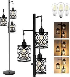 ROTTOGOON Dimmable Farmhouse Floor Lamp, Industrial Floor Lamp for Living Room with 3 X 6W LED Bulbs, 3 Light Rustic Standing Tall Lamp for Bedroom, Office, 68"