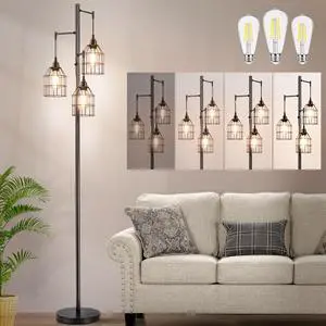 70" Dimmable Floor Lamp for Living Room, Industrial 3-Light Tree Floor Lamp Black with Cages, Farmhouse Rustic Tall Standing Lamp Floor Lighting for Bedroom Office, 3 Free LED Edison Bulbs