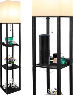 SHINE HAI 3-in-1 Shelf Floor Lamp with 1 USB&Type C&1 AC Outlet, 3-Tiered LED Shelf Lamp, Shelf & Storage Floor Lamp Combination Modern Standing Light