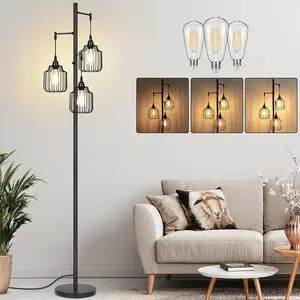 Dimmable Floor Lamp with 3 x 800LM LED Edison Bulbs,Tall Standing Lamp for Living Room,Farmhouse Black Corner Floor Lamp,Bright Industrial Rustic Vintage Tree Pole Light with Cage for Bedroom Office