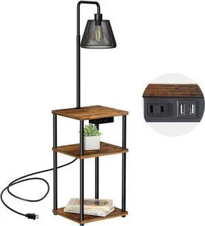 Floor Lamp with Table,Foor Lamp with Shelves,Side Table with USB Charging Port and Outlet,Modern Bedside Nightstand End Table with Lamp for Living Room,Bedroom,Guest Room,Bulb Included