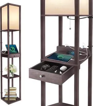 OUTON Deluxe Shelf Floor Lamp with 1 Drawer, 2 USB-C Ports, 2 AC Outlets, LED Modern Floor Lamp with 3 Color Temperature, Storage Display Wood Standing Lamp for Living Room, Bedroom, Office (Walnut)