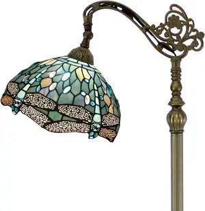 WERFACTORY Tiffany Floor Lamp Sea Blue Stained Glass Dragonfly Arched Lamp 12X18X64 Inches Gooseneck Adjustable Corner Standing Reading Light Decor Bedroom Living Room S147 Series