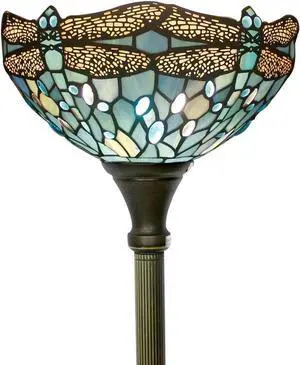 WERFACTORY Tiffany Floor Lamp Sea Blue Stained Glass Dragonfly Light 12X12X66 Inches Pole Torchiere Standing Corner Torch Uplight Decor Bedroom Living Room Home Office S147 Series