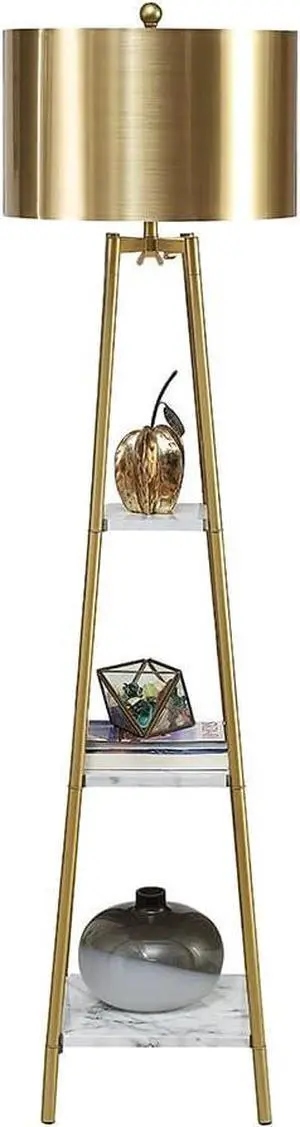 Floor Lamp, Standing Reading Light with Shelves and Gold Shade, Modern Tall Pole Lamp, Accent Furniture Décor Lighting for Living Room, Bedrooms
