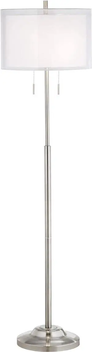 Possini Euro Design Roxie Modern Standing Floor Lamp 65.5" Tall Brushed Nickel Silver Double Layer Sheer Linen Fabric Drum Shade Decor for Living Room Reading House Bedroom Home