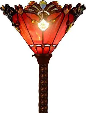 Bieye L10682 Baroque 67 inch Tiffany Style Stained Glass Torchiere Floor Lamp with 13 Inch Wide Handmade Lampshade, Metal Base with Dark Brown Baking Finish, Red
