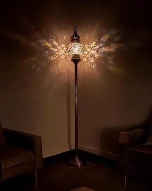 DEMMEX Biggest Size 10" Globe Turkish Moroccan Mosaic Floor Lamp, Bohemian Colorful Mosaic Glass Exotic Oriental Floor Lamp, Antique Brass Color Metal Body, 5.5ft Height, Handmade (Multicolored)