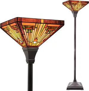 Capulina Tiffany Lamp Stained Glass Torchiere Floor Lamp, 12x12x70 Inches Industrial Blackish Bronze Pole Amber Brown Antique Tiffany Style Torch Standing Lamp for Living Room Bedroom Home Office