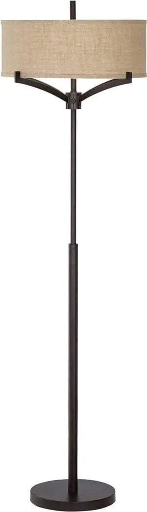 Franklin Iron Works Tremont Modern Mid Century Floor Lamp Standing 62" Tall Deep Bronze Metal Tan Burlap Drum Shade for Living Room Reading Bedroom Office House Home Decor