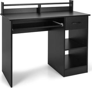 IFANNY Wooden Computer Desk, Black Home Office Desk w/Drawers, Keyboard Tray, Open Shelves & Monitor Stand, Modern Writing Desk, Compact Computer Desk for Small Spaces (Black)