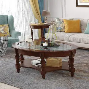 PADMA HOUSE Traditional Solid Wood Oval Coffee Table with Tempered Glass Top for Living Room,Cherry Walnut