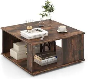 Square Coffee Table, Rustic Brown Cocktail Table with Storage Shelf, Industrial Tea Table with L-Beam Structure, 2 Tier Farmhouse Center Table, Wooden Coffee Tables for Living Room, Bedroom