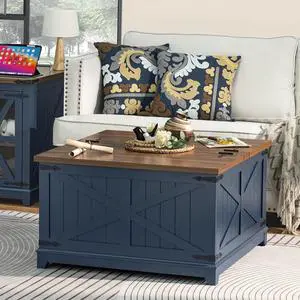 Farmhouse Coffee Table with Hidden Storage Organizer, Modern Square Large Center Table, Wood Farm House Low Navy Blue Living Room Tables with Hinged Lift Top for Home, Office