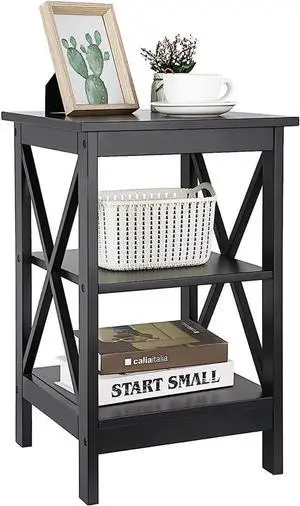 SUPER DEAL 3-Tier End Table with Storage Shelves Versatile X-Design Wood Sofa Side Table for Living Room Bedroom Apartment Small Spaces, Black