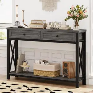 BON AUGURE Sofa Table with Drawers, Console Tables for Entryway, Sofa Table with Storage, Couch Tables for Living Room, Hallway, Foyer, Entry (Dark Grey Oak, 47 Inch)
