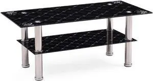 Hodedah Two Tier Rectangle Tempered Glass Coffee Table, Black
